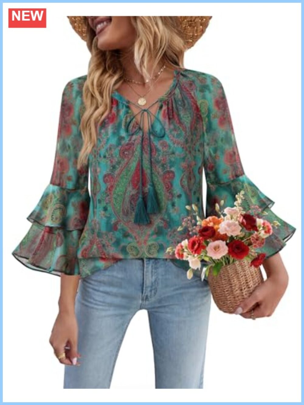 Womens Floral Chiffon Blouse Ruffle Sleeve V Neck Boho Tassel Tie Top